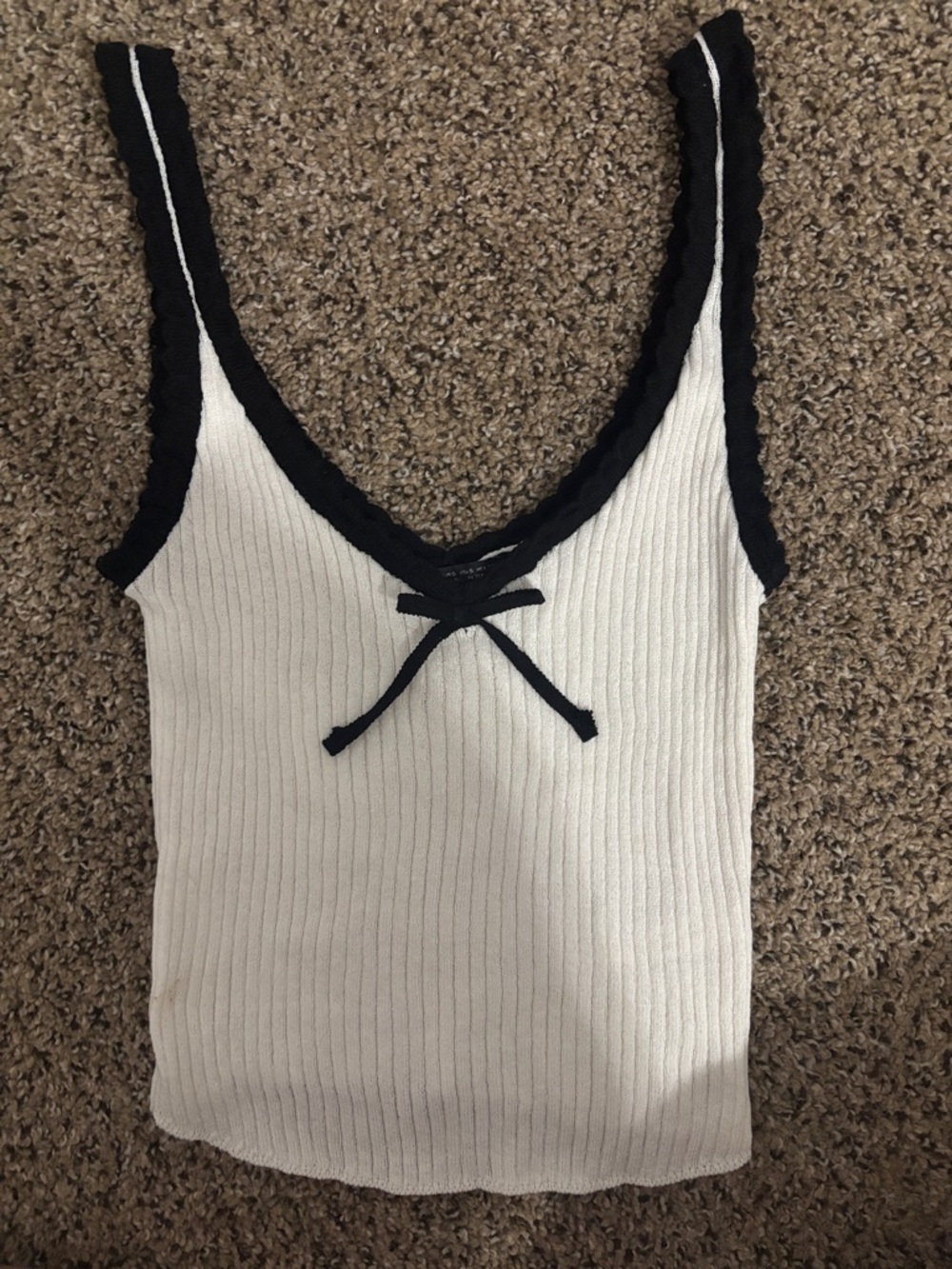 Zara White Ribbed Camisole with Black Trim and Bow
